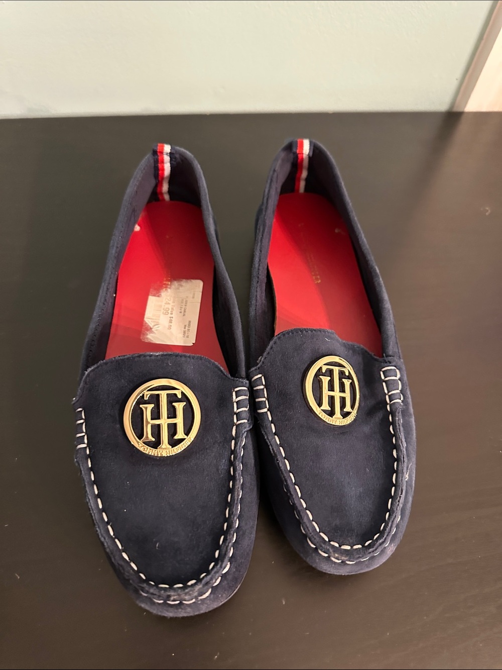 Tommy Hilfiger Navy Suede Loafers with Red Insole and Gold Emblem